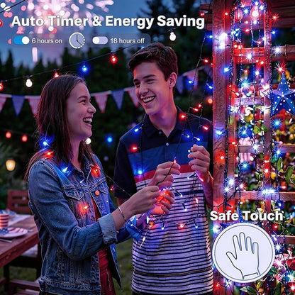 66ft 200LED Red White Blue Patriotic Lights for 4th of July Decoration Battery Fairy String Lights Indoor Outdoor Waterproof Remote Timer 8 Modes for Independence Day American Flag Holiday