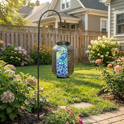Solar Peacock Lantern Outdoor Hanging Garden Decor – Waterproof Metal & Stained Glass Light with Handle – Decorative Retro Yard Art for Patio, Porch, Table, Pathway – Gardening Gift for Mom & Women