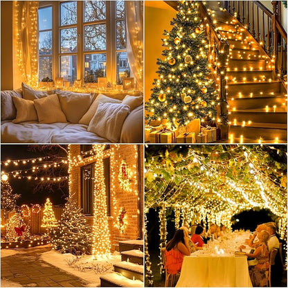 Christmas Lights Outdoor Battery Operated Total 100LED 33ft for Christmas Decorations 16.4Ft*2, 50LED*2 Waterproof Indoor with Timer for Christmas Decor, Warm White