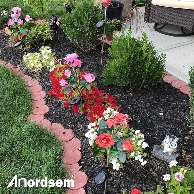Anordsem Solar Garden Lights Outdoor: 10 Waterproof Fabric Roses 2 Pack - Red LED Flower Decorations for Yard Patio Path Cemetery Grave - Mother's Day Gifts for Her Women Mom Wife