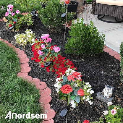 Anordsem Solar Garden Lights Outdoor: 10 Waterproof Fabric Roses 2 Pack - Red LED Flower Decorations for Yard Patio Path Cemetery Grave - Mother's Day Gifts for Her Women Mom Wife