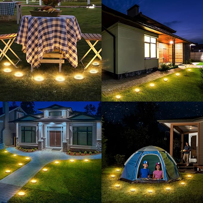 8-Pack Solar Ground Disk Lights, Warm White Waterproof LED