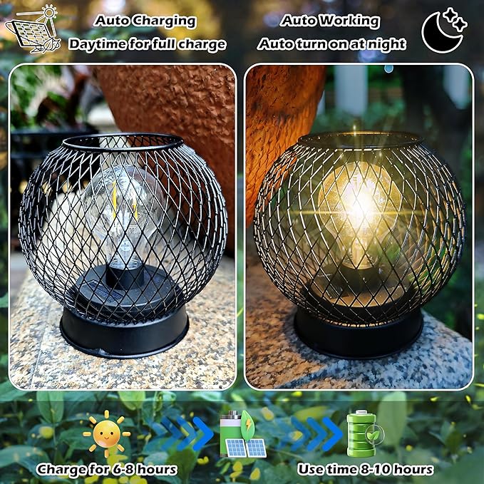 2-Pack Solar Lanterns Outdoor Waterproof Tabletop Decorations, Solar Powered Metal Lantern with LED Bulb,Vintage Lantern for Parties, Lawn,Patio, Passage Decor
