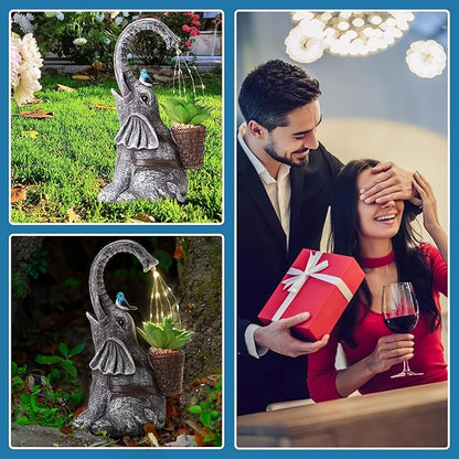 Solar Elephant Watering Effect LED Lights Garden Statue, Outdoor Garden Decor for Lawn, Balcony, Yard, Gifts for Mom, Grandma, Wife