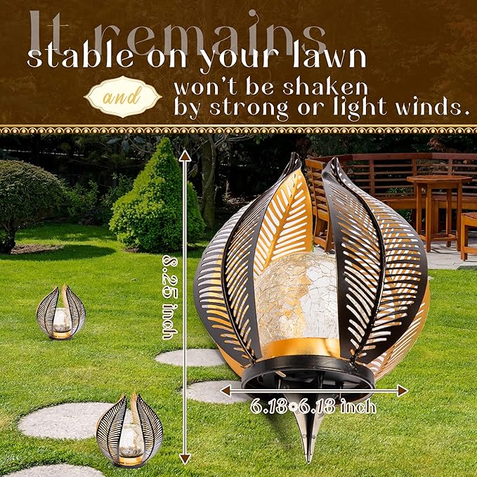 HPC Decor Solar Light Outdoor Garden, Crackle Globe Glass,Metal Palm Leaf Solar Light for Outside, Pathway Lights Waterproof LED Outdoor for Patio,Yard,Porch Decor,Gardening Gifts for Women/Mom.