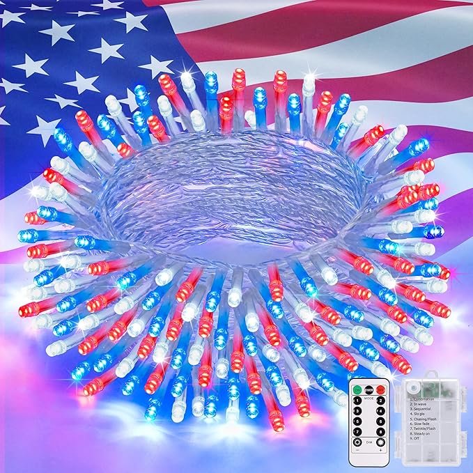 JMEXSUSS 33ft 100 LED Red White and Blue Lights Outdoor, 4th of July Lights Battery Operated with Remote, 8 Modes Patriotic Decorations for Indoor Outside Independence Day American Flag Holiday