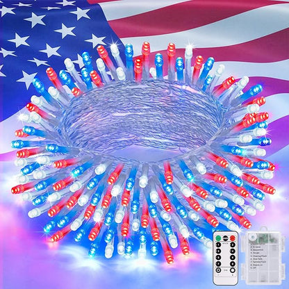 JMEXSUSS 33ft 100 LED Red White and Blue Lights Outdoor, 4th of July Lights Battery Operated with Remote, 8 Modes Patriotic Decorations for Indoor Outside Independence Day American Flag Holiday