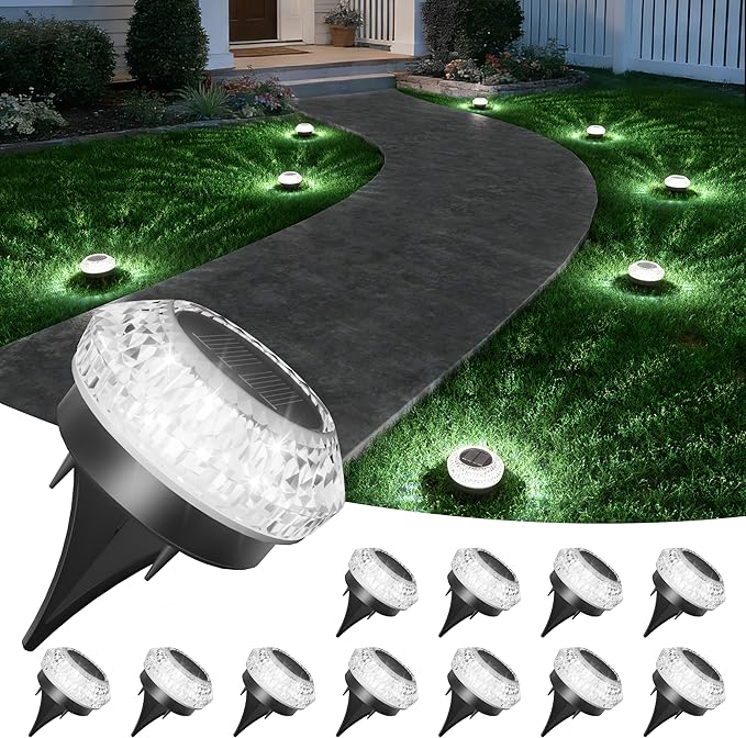 12-Pack Cool White Flat Solar Garden Lights, Waterproof LED