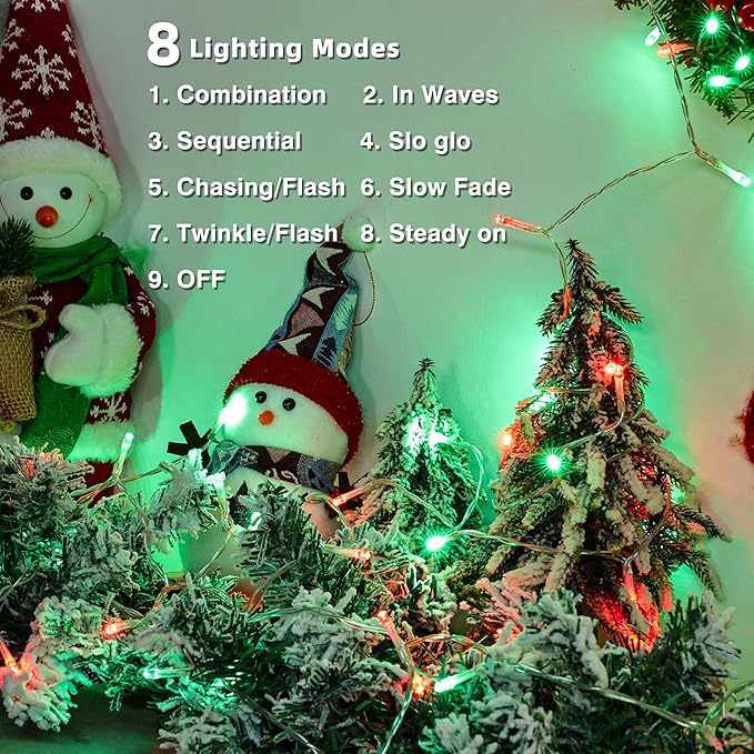Lomotech Battery Operated Christmas Lights - 4 Pack Total 66ft 200LEDs String Lights 8 Modes Waterproof with Timer for Home, Garden, Party, Holiday, Tree Decoration (Clear Wire, Red & Green)