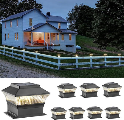 Fence Post Lights, 25 Lumens Deck Post Cap Light Solar Powered Outdoor Lighting, Fits for 4x4 or Larger Wooden Posts with 4x6 Base, 3000K Warm Light, Waterproof, Black - 8 Pack