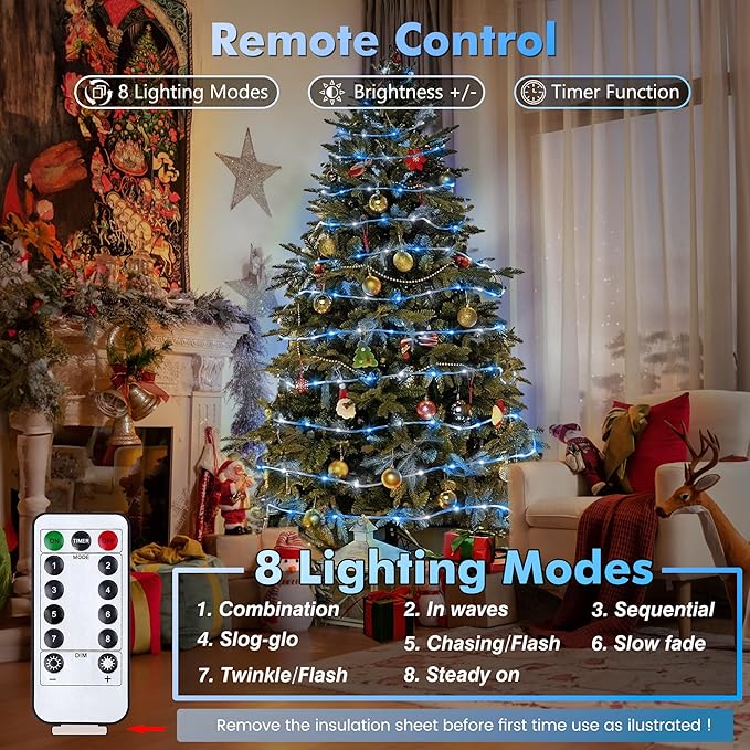 Jnaurb 2-Pack Battery Operated Rope Lights for Outside, Total 66FT 200LED 8 Modes Battery Operated String Lights, Waterproof Christmas Fairy Light with Remote for Outdoor Indoor Xmas Decor -White Blue