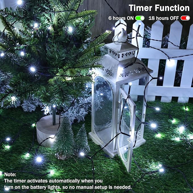 Lomotech Battery Operated Christmas Lights - 2 Pack Total 33ft 100LEDs String Lights 8 Modes Waterproof with Timer for Home, Garden, Party, Holiday, Tree Decoration (Green Wire, White）
