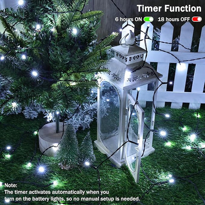 Lomotech Battery Operated Christmas Lights - 2 Pack Total 33ft 100LEDs String Lights 8 Modes Waterproof with Timer for Home, Garden, Party, Holiday, Tree Decoration (Green Wire, White）