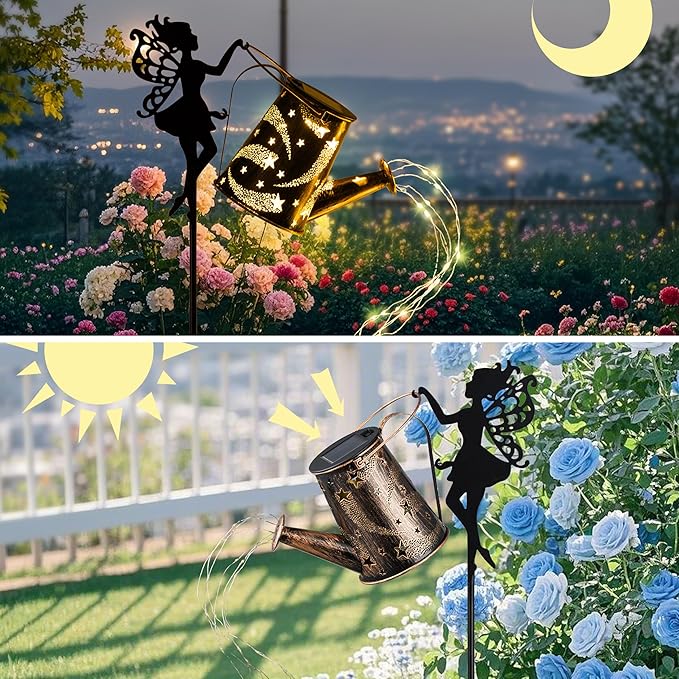 Solar Watering Can Light,Solar Fairy Lights Outdoor,Fairy Garden Decor Waterproof Metal Hanging Lantern,Gardening Gifts,Fairy Garden Decor for Outside,Perfect for Patio Yard