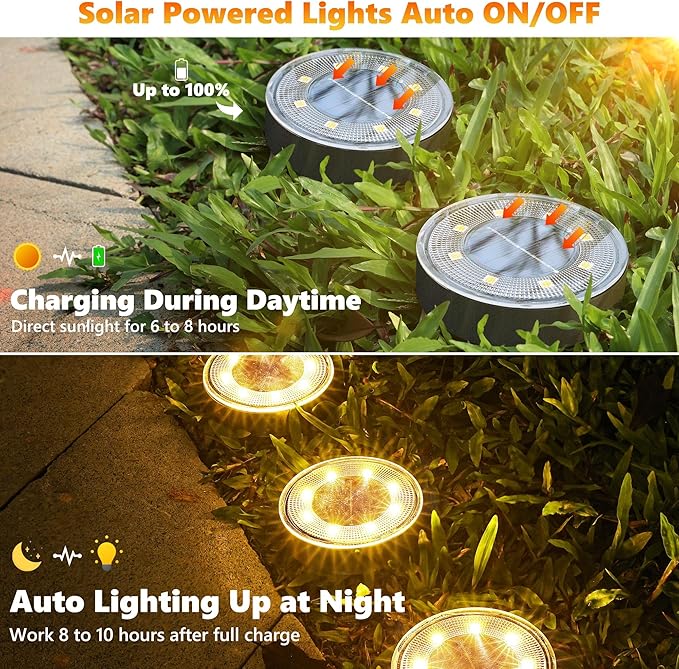 8-Pack Warm White Flat Solar Walkway Lights, Waterproof LED