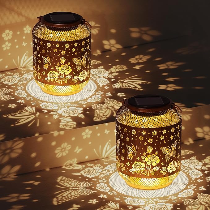 Butterfly Solar Lanterns Outdoor Waterproof Rose Garden Decor Gifts for Mom Women Grandma Metal Hanging Solar Lights Outdoor Decoration for Patio,Yard,Porch,Backyard