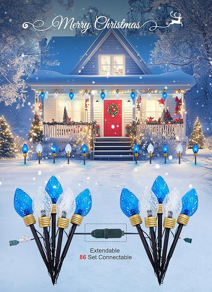 Moonflor Strawberry Jumbo C9 Christmas Pathway Lights Outdoor - 2Pack Total 17FT 10 LED C9 Walkway Light, Christma Decoration Outside,Christmas Lights Outdoor for Lawn Yard Holiday, Blue & Pure White