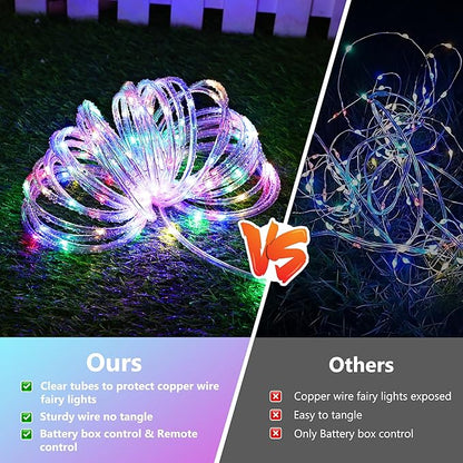 Jnaurb Battery Operated Rope Lights for Outside, 33FT 100LED 8 Modes Battery Operated String Lights, Waterproof Christmas Fairy Light with Remote for Outdoor Indoor Patio Xmas Party Decor - Multicolor