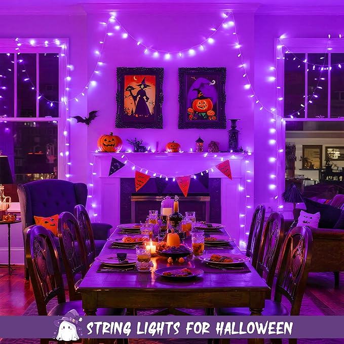 JMEXSUSS 4 Pack 50 LED Purple String Lights Battery Operated, Each 16.5ft Christmas Lights with 8 Modes & Waterproof, Purple Light with Timer Indoor Outdoor for Party Halloween Christmas Decor