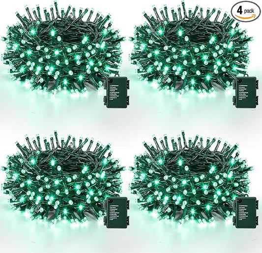 Lomotech St Patrick's Day Decorations Lights - 4 Pack Total 66ft 200LEDs Battery String Lights 8 Modes Waterproof with Timer for Home, Garden, Party, Holiday, Tree Decoration (Green Wire, Green)