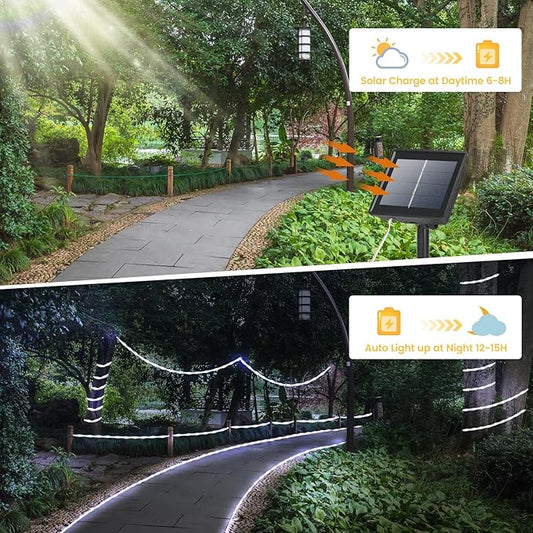 200 LED Solar Rope Lights Outdoor, 66FT Solar String Lights Indoor Waterproof Solar Powered Trampoline Light Clear Tube Pool Light for Camping Fence Yard Walkway Path Garden Outside Decor（White