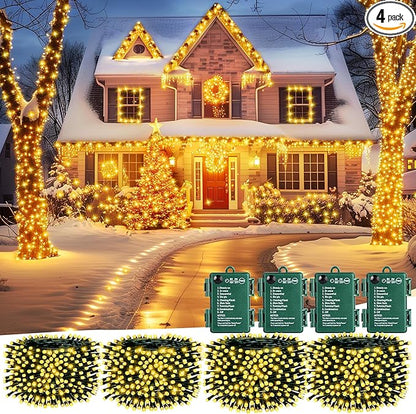 4-Pack 200 LED Christmas Twinkle Lights, 66ft Waterproof for Yard