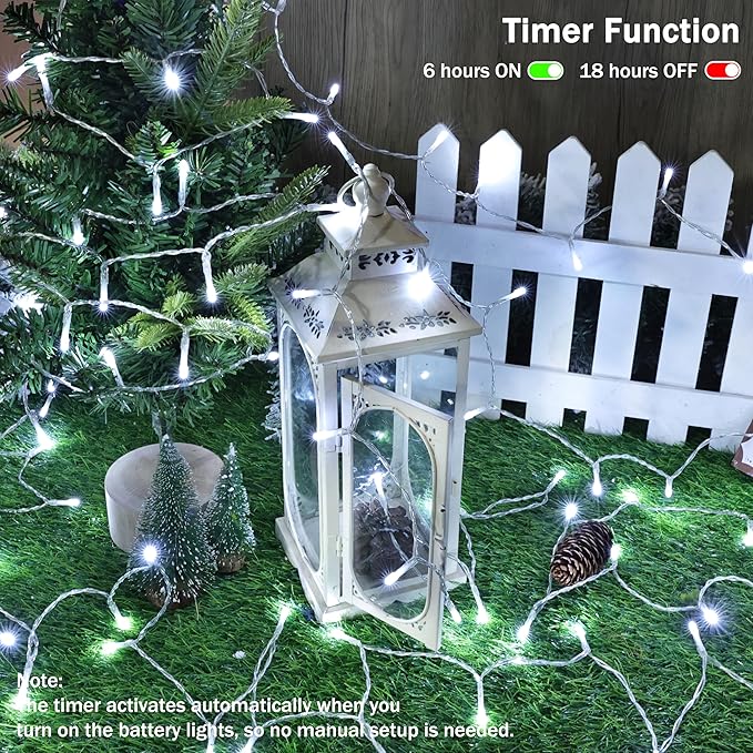 Lomotech Battery Operated Christmas Lights - 2 Pack Total 33ft 100LEDs String Lights 8 Modes Waterproof with Timer for Home, Garden, Party, Holiday, Tree Decoration (Clear Wire, White)