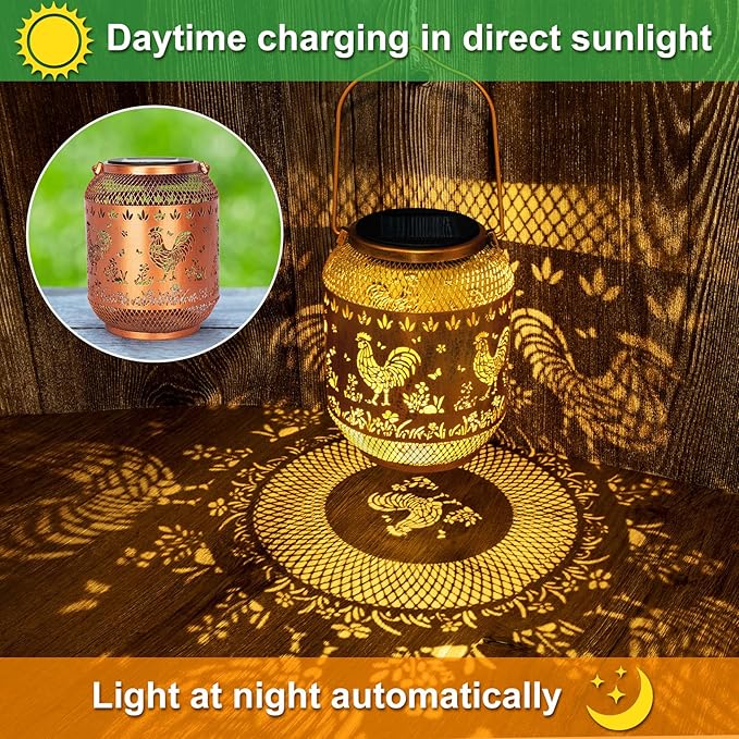 Chicken Solar Lanterns Outdoor Waterproof, Rooster Birthday Gifts for Women Mom Grandma, Metal Solar Lanterns Decorative Outdoor LED Lights for Garden Yard Patio Porch Decor