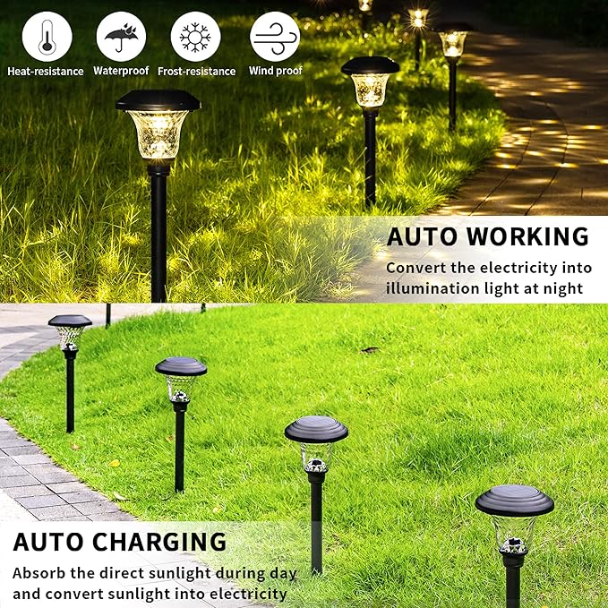 GIGALUMI 8 Pack Solar Pathway Lights, Solar Garden Lights Outdoor Warm White, Waterproof Led Path Lights for Yard, Patio, Landscape, Walkway (Black)