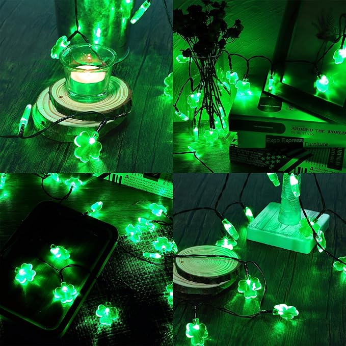 WATERGLIDE 1 Pack St. Patricks Day Shamrocks Lights, 50 LED Outdoor Decorative String Lights, Battery Operated Lucky Clover Light, 8 Lighting Modes & Timer, Waterproof for Party Garden Home Decor