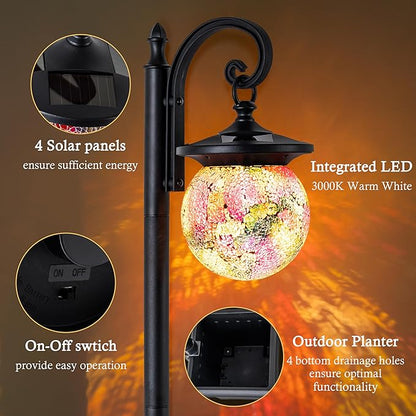 Solar Lamp Post Light with Planter, Matte Black Outdoor Flower Pots with Mosaic Glass, 2 in 1 Waterproof Solar Outdoor Lights for Porch Front Door Patio