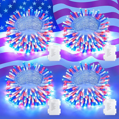 JMEXSUSS 4 Pack 50 LED Red White and Blue String Lights Battery Operated, Each 16.5ft 4th of July Lights Outdoor Waterproof, 8 Modes Patriotic Light with Timer for Independence Day Memorial Day
