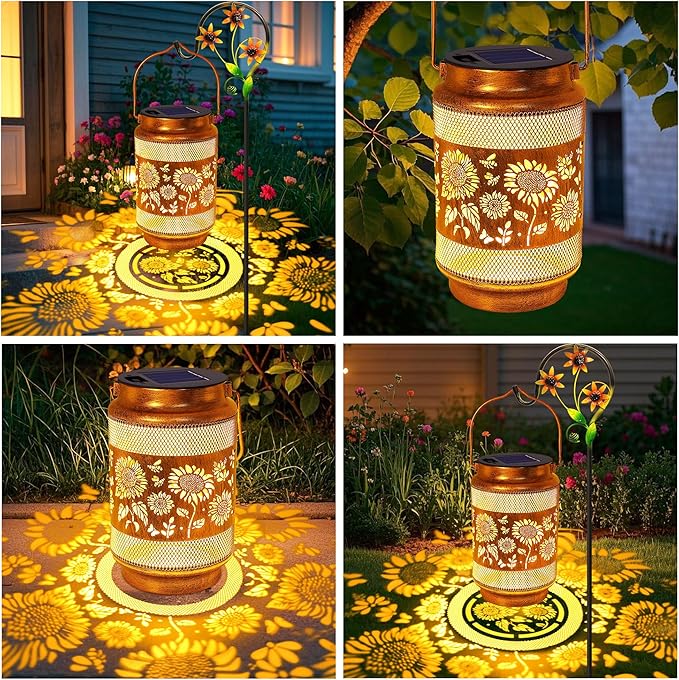 Sunflower Solar Lanterns Outdoor Waterproof with Shepherd Hook, Sunflower Birthday Gifts for Women Mom Grandma, Metal Solar Hanging Lights Garden Decor for Outside Yard Patio Pathway