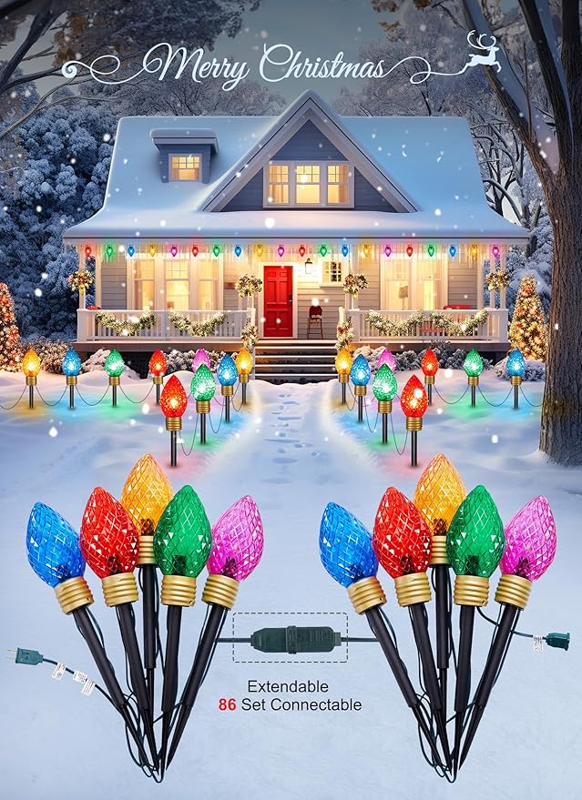 Strawberry Jumbo C9 Christmas Pathway Lights Outdoor - 2 Pack Total 17 Feet 10 LED C9 Christmas Light, C7 Light Covered Jumbo Bulb Christma Lights Outdoor Decorations for Yard Lawn Holiday Outside