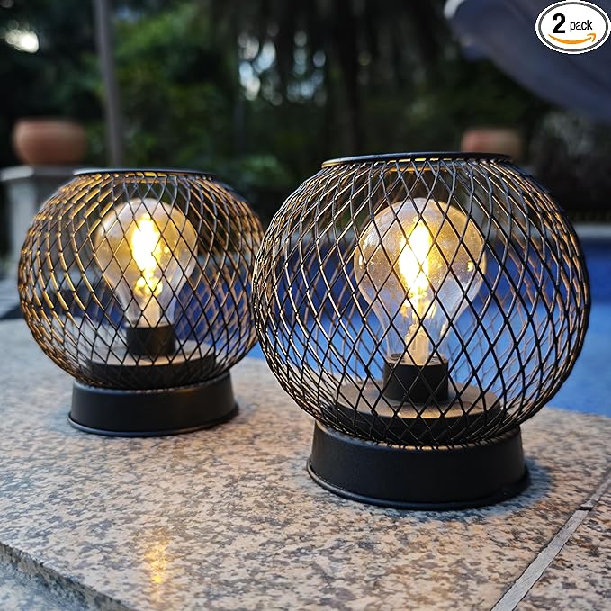 2-Pack Solar Lanterns Outdoor Waterproof Tabletop Decorations, Solar Powered Metal Lantern with LED Bulb,Vintage Lantern for Parties, Lawn,Patio, Passage Decor