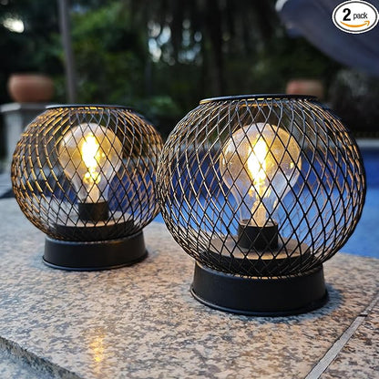 2-Pack Solar Lanterns Outdoor Waterproof Tabletop Decorations, Solar Powered Metal Lantern with LED Bulb,Vintage Lantern for Parties, Lawn,Patio, Passage Decor