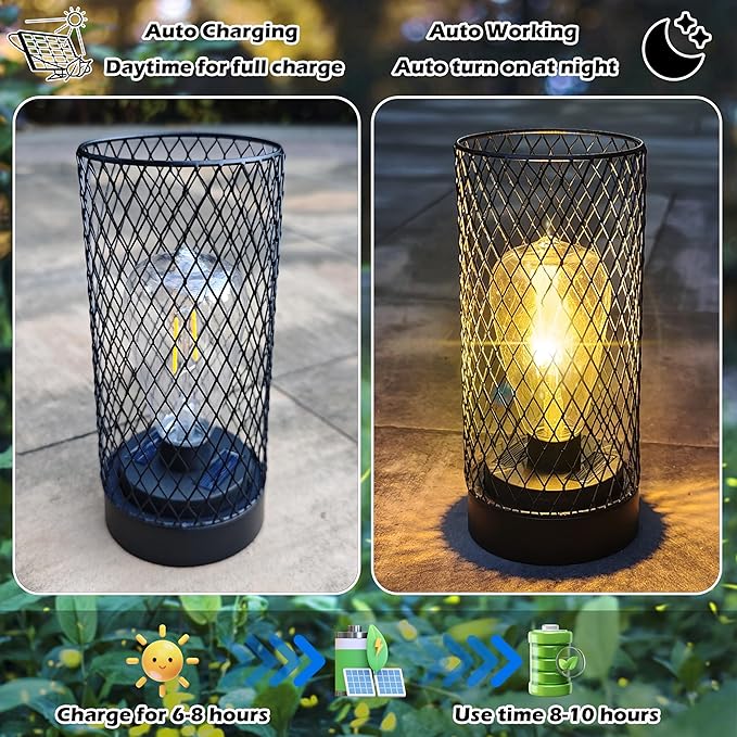 2pcs Solar Lanterns Outdoor Waterproof Lights Garden Decorations, Black Metal Lantern Decor,Solar Powered LED Lamp for Patio Tabletop Porch Deck Yard