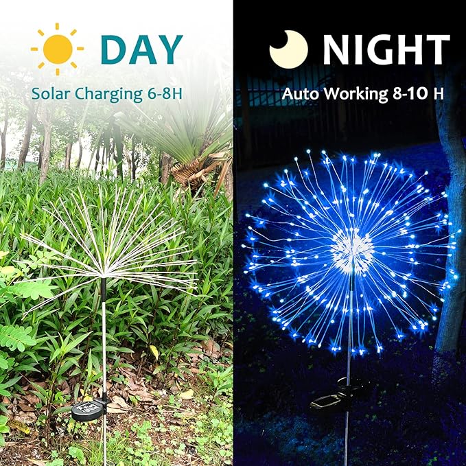 JJGoo Solar Firework Lights, 2 Pack 120 LEDs 2 Lighting Modes Solar Garden Lights Outdoor Waterproof for Yard Patio Walkway Pathway Party Wedding Christmas Decorative - Blue