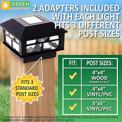 GreenLighting Modern Solar Post Cap Lights Fits 4x4 Wood, 4x4 & 5x5 PCV/Vinyl Outdoor Solar Powered Light, Fence Post, Landscaping, Deck, Garden- Bright LED, Waterproof Black 4 Pack