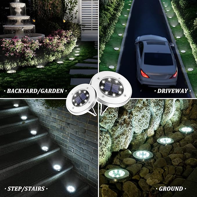8-Pack Cool White In-Ground Solar Lights, Flat LED Landscape