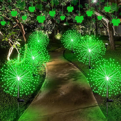6 Pcs St. Patrick's Day Solar Firework Stake Lights 180 LED 8 Modes Waterproof LED Sparkler Lights Outdoor Decoration for Irish Garden Patio Yard Pathway Walkway Lawn, Green