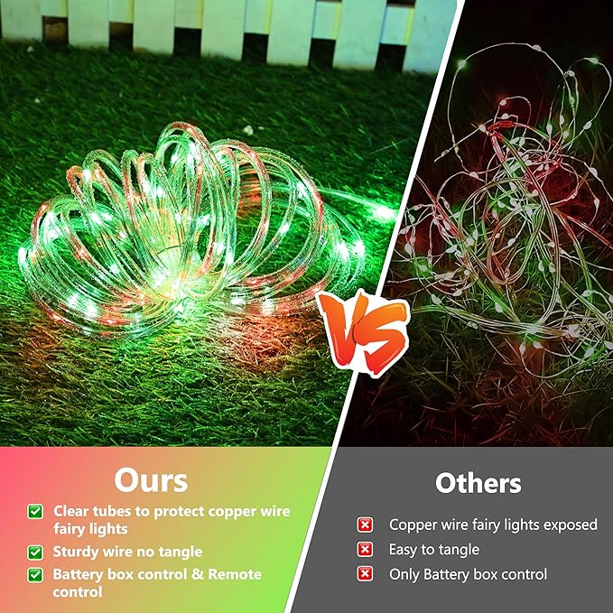 Jnaurb 2-Pack Battery Operated Rope Lights for Outside, Total 66FT 200LED 8 Modes Battery Operated String Lights, Waterproof Christmas Fairy Light with Remote for Outdoor Indoor Xmas Decor-Red & Green