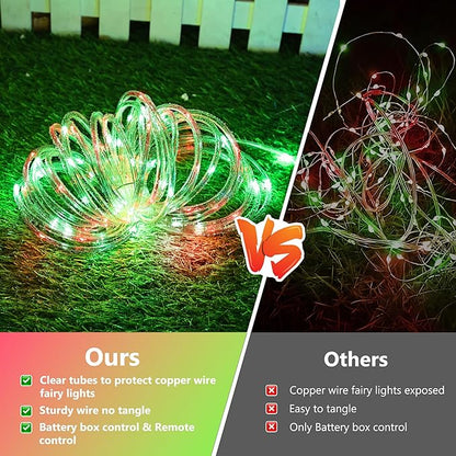 Jnaurb 2-Pack Battery Operated Rope Lights for Outside, Total 66FT 200LED 8 Modes Battery Operated String Lights, Waterproof Christmas Fairy Light with Remote for Outdoor Indoor Xmas Decor-Red & Green