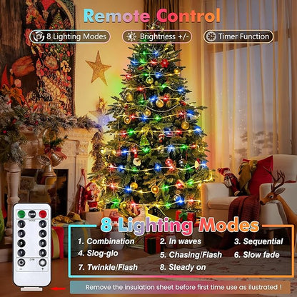 Jnaurb Battery Operated Rope Lights for Outside, 33FT 100LED 8 Modes Battery Operated String Lights, Waterproof Christmas Fairy Light with Remote for Outdoor Indoor Patio Xmas Party Decor - Multicolor