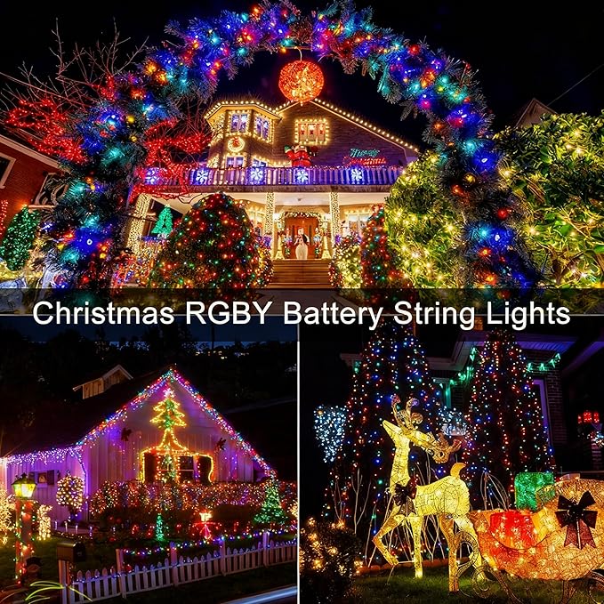 4 Pack Christmas String Lights Battery Operated, Each 50 LED16.5Ft Dark Green String Lights Auto Timer 8 Modes Indoor Outdoor Xmas Wreath Tree Decor (Multicolor)