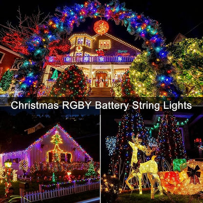 4 Pack Christmas String Lights Battery Operated, Each 50 LED16.5Ft Dark Green String Lights Auto Timer 8 Modes Indoor Outdoor Xmas Wreath Tree Decor (Multicolor)
