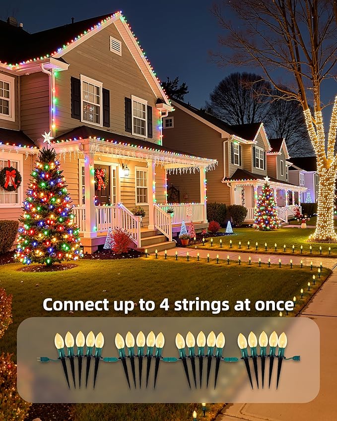 C9 Christmas Lights Outdoor, 102.8ft 80 Bulb Pathway Lights with Stakes, Warm White