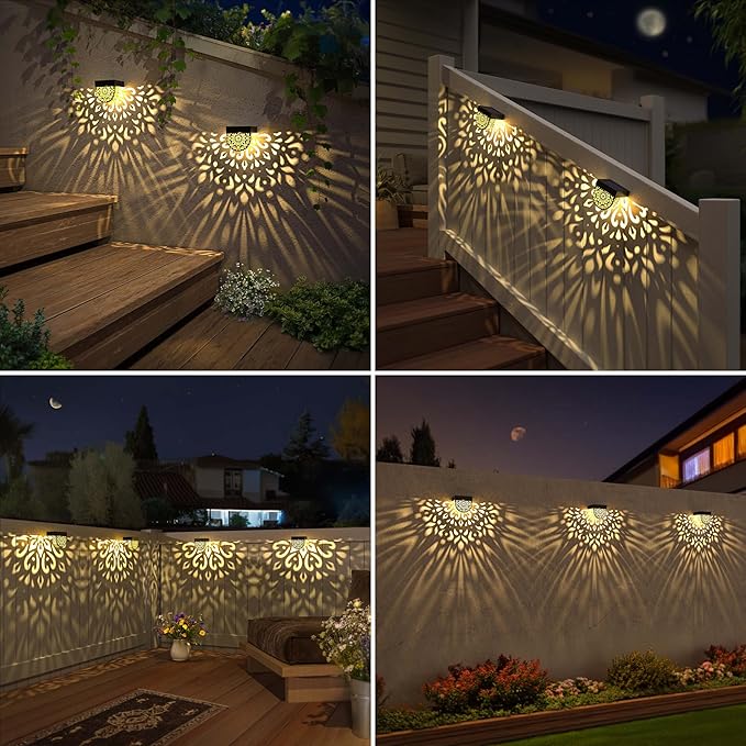 Solar Fence Lights Wall lihgts Outdoor Decorations 6 Pack Solar Step Lights Outdoor Waterproof LED Solar Powered Warm Yellow Decorative Lighting for Front Door, Backyard, Post(Black)