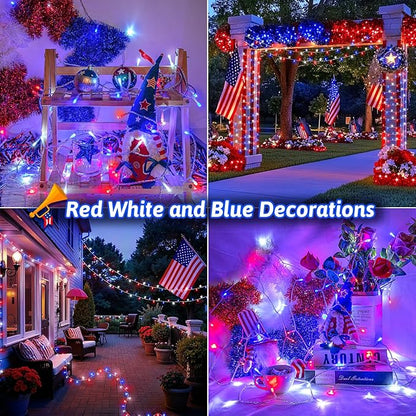 Red White and Blue Lights String 4th of July Decorations Outdoor Total 100 LED 33ft for Memorial Day Decorations, Battry Operated Waterproof with Timer Patriotic for Independence Day, 2-Pack