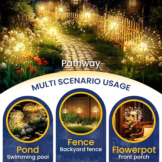 GIGALUMI Garden Decor Outdoor Lights 120LED 4Pack, Solar Garden Lights for Christmas Outside Fairy Firework Decorative,Solar Powered for Yard Pathway Flowerbed Planter Balcony Patio Decor (Warm White